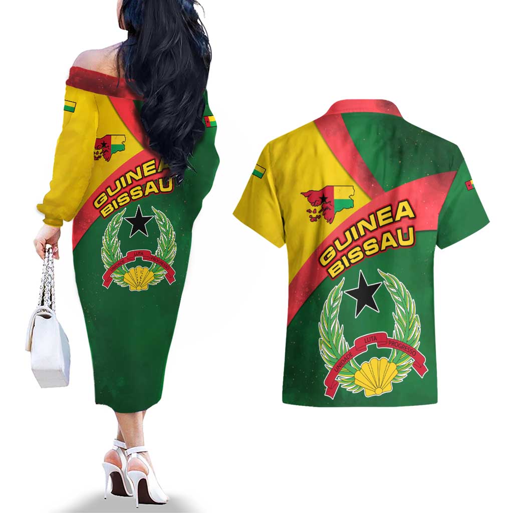 Guinea Bissau Couples Matching Off The Shoulder Long Sleeve Dress and Hawaiian Shirt with Green Yellow Red Swirl Design - Wonder Print Shop