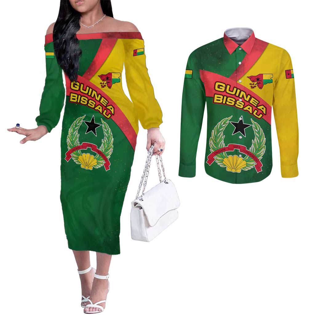 Guinea Bissau Couples Matching Off The Shoulder Long Sleeve Dress and Long Sleeve Button Shirt with Green Yellow Red Swirl Design - Wonder Print Shop