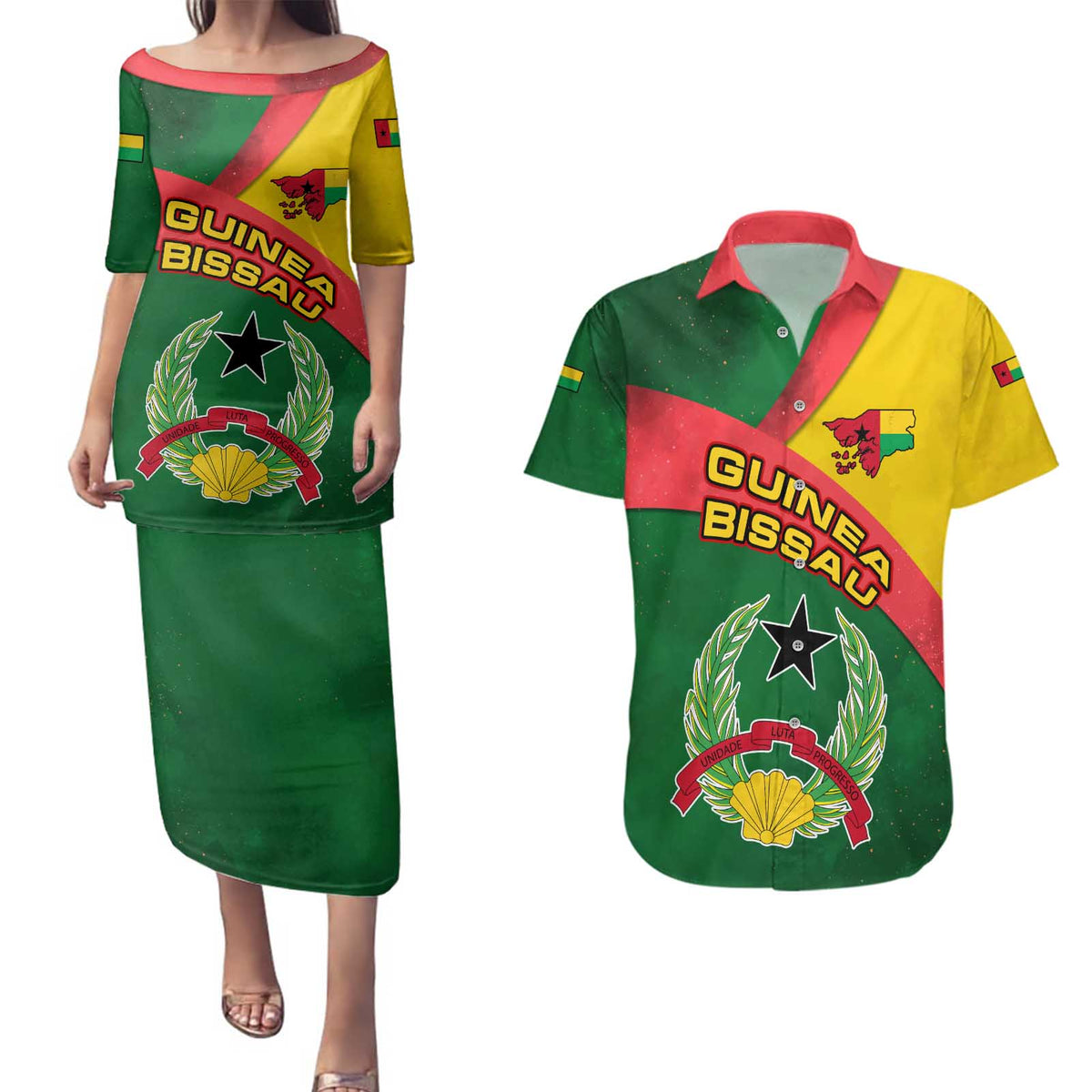 Guinea Bissau Couples Matching Puletasi and Hawaiian Shirt with Green Yellow Red Swirl Design - Wonder Print Shop