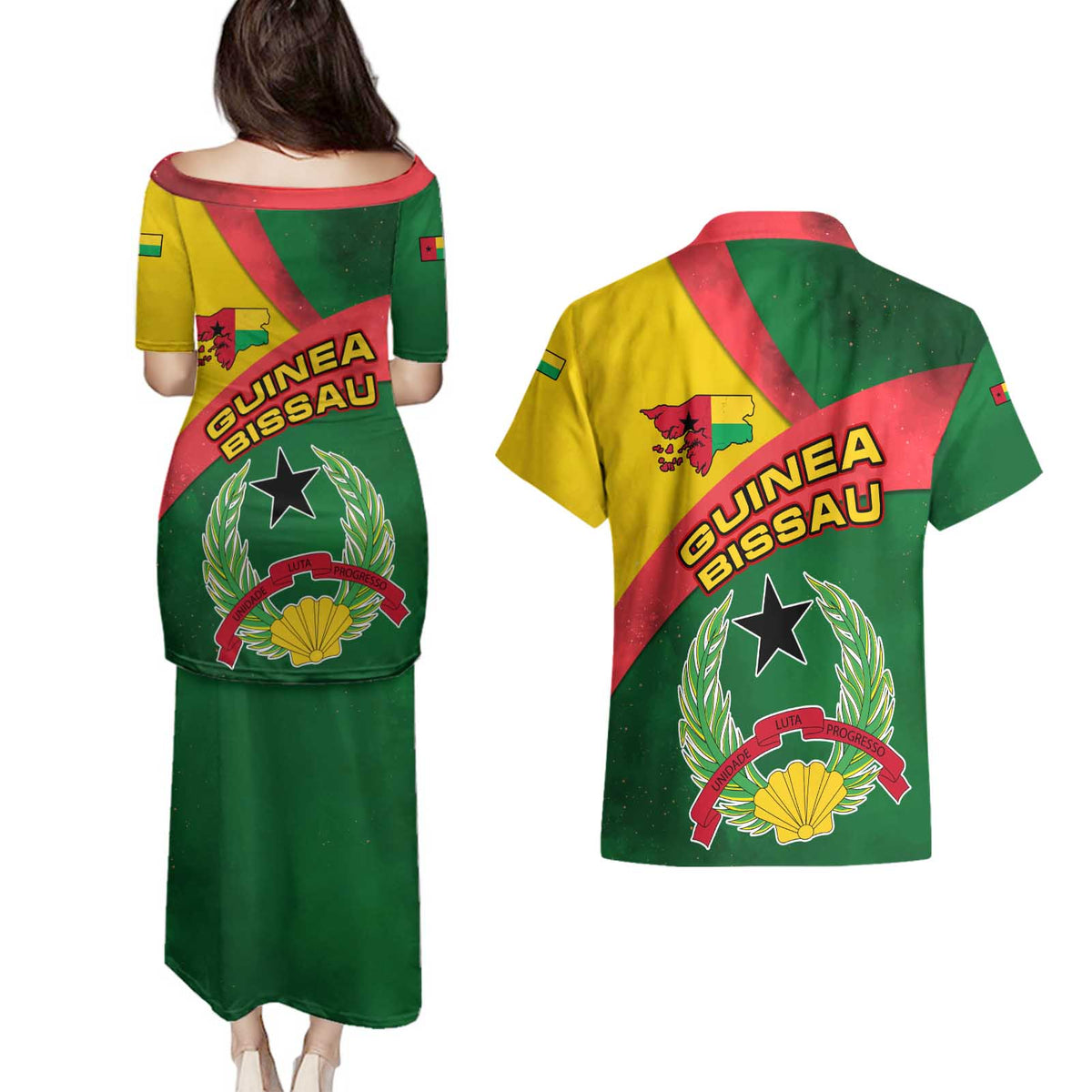 Guinea Bissau Couples Matching Puletasi and Hawaiian Shirt with Green Yellow Red Swirl Design - Wonder Print Shop