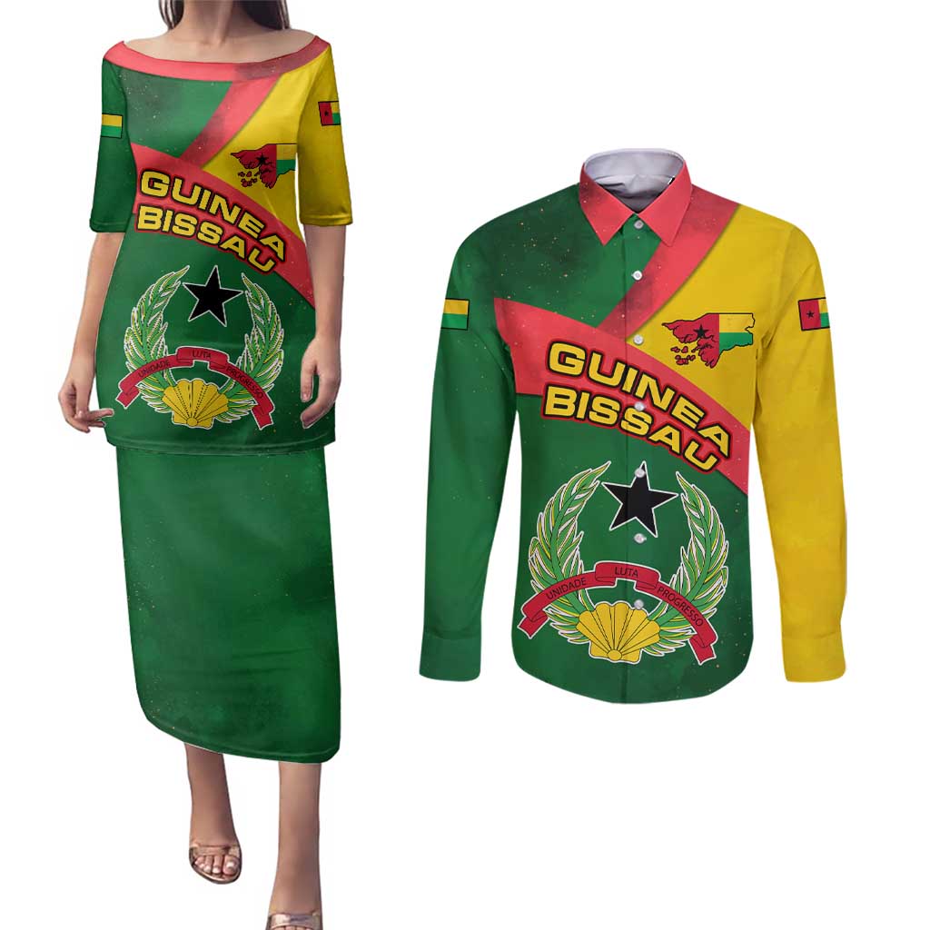 Guinea Bissau Couples Matching Puletasi and Long Sleeve Button Shirt with Green Yellow Red Swirl Design - Wonder Print Shop