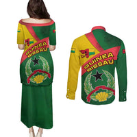 Guinea Bissau Couples Matching Puletasi and Long Sleeve Button Shirt with Green Yellow Red Swirl Design - Wonder Print Shop