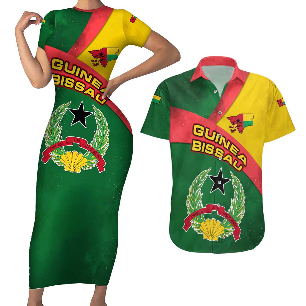Guinea Bissau Couples Matching Short Sleeve Bodycon Dress and Hawaiian Shirt with Green Yellow Red Swirl Design - Wonder Print Shop