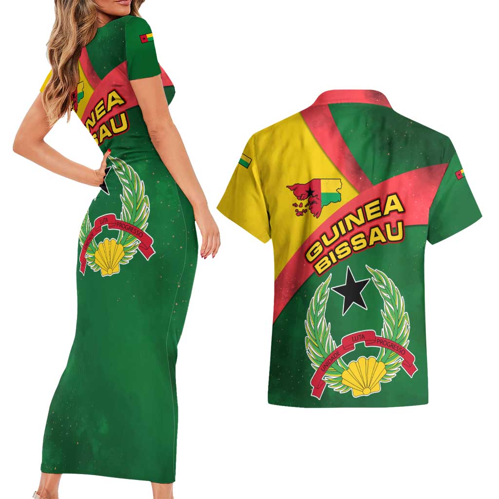 Guinea Bissau Couples Matching Short Sleeve Bodycon Dress and Hawaiian Shirt with Green Yellow Red Swirl Design - Wonder Print Shop