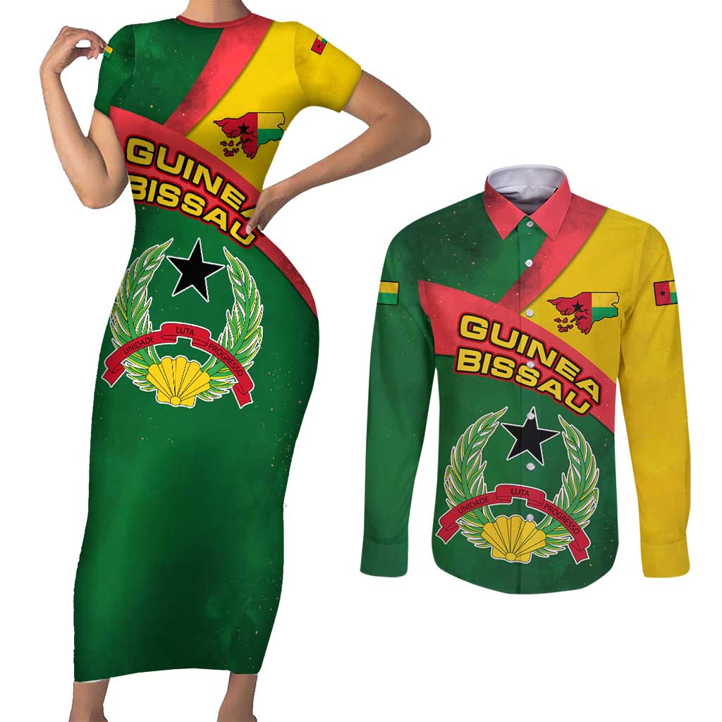 Guinea Bissau Couples Matching Short Sleeve Bodycon Dress and Long Sleeve Button Shirt with Green Yellow Red Swirl Design - Wonder Print Shop