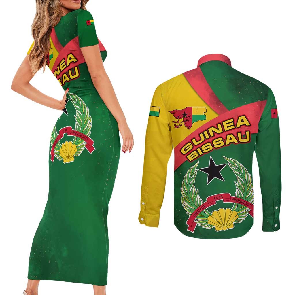 Guinea Bissau Couples Matching Short Sleeve Bodycon Dress and Long Sleeve Button Shirt with Green Yellow Red Swirl Design - Wonder Print Shop
