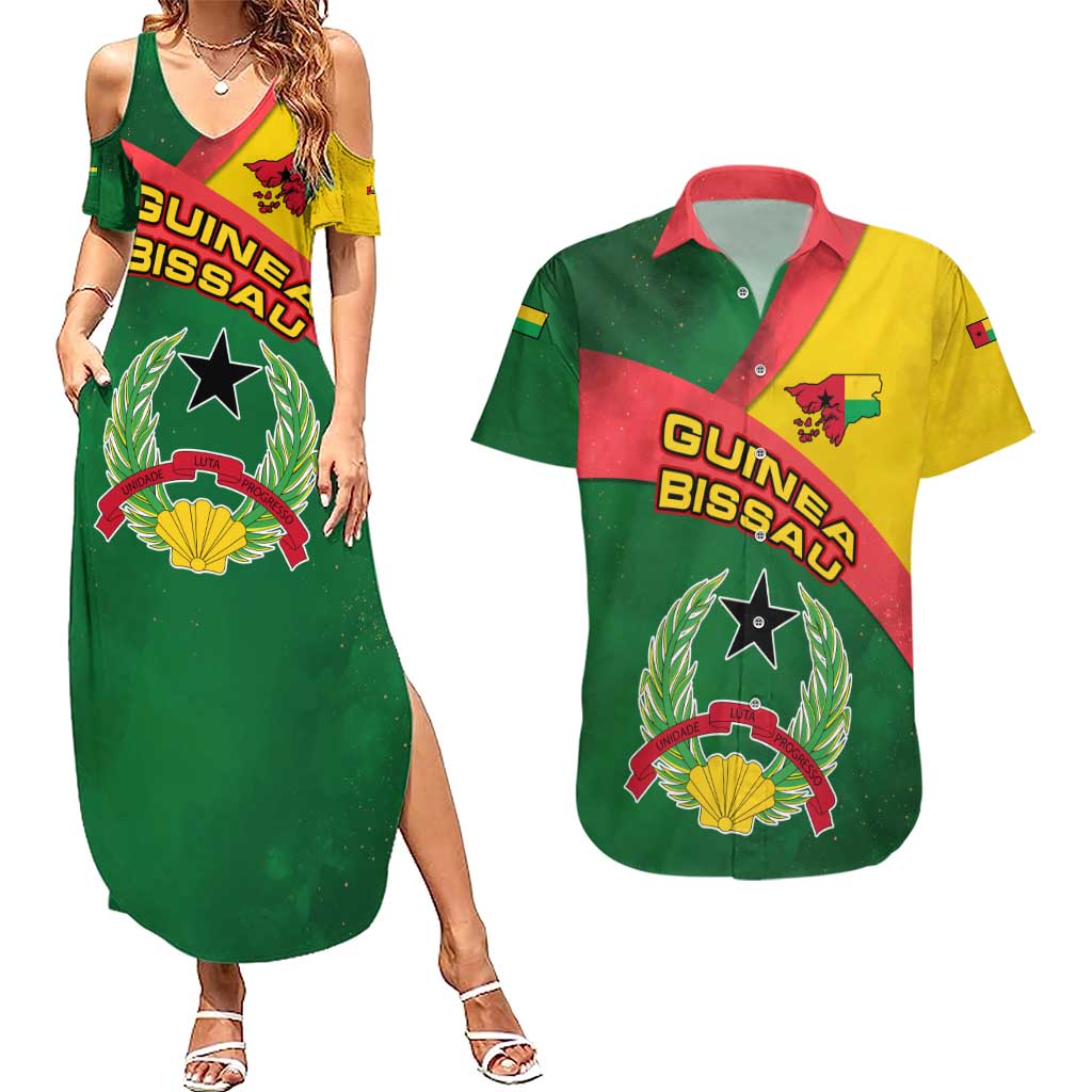 Guinea Bissau Couples Matching Summer Maxi Dress and Hawaiian Shirt with Green Yellow Red Swirl Design - Wonder Print Shop