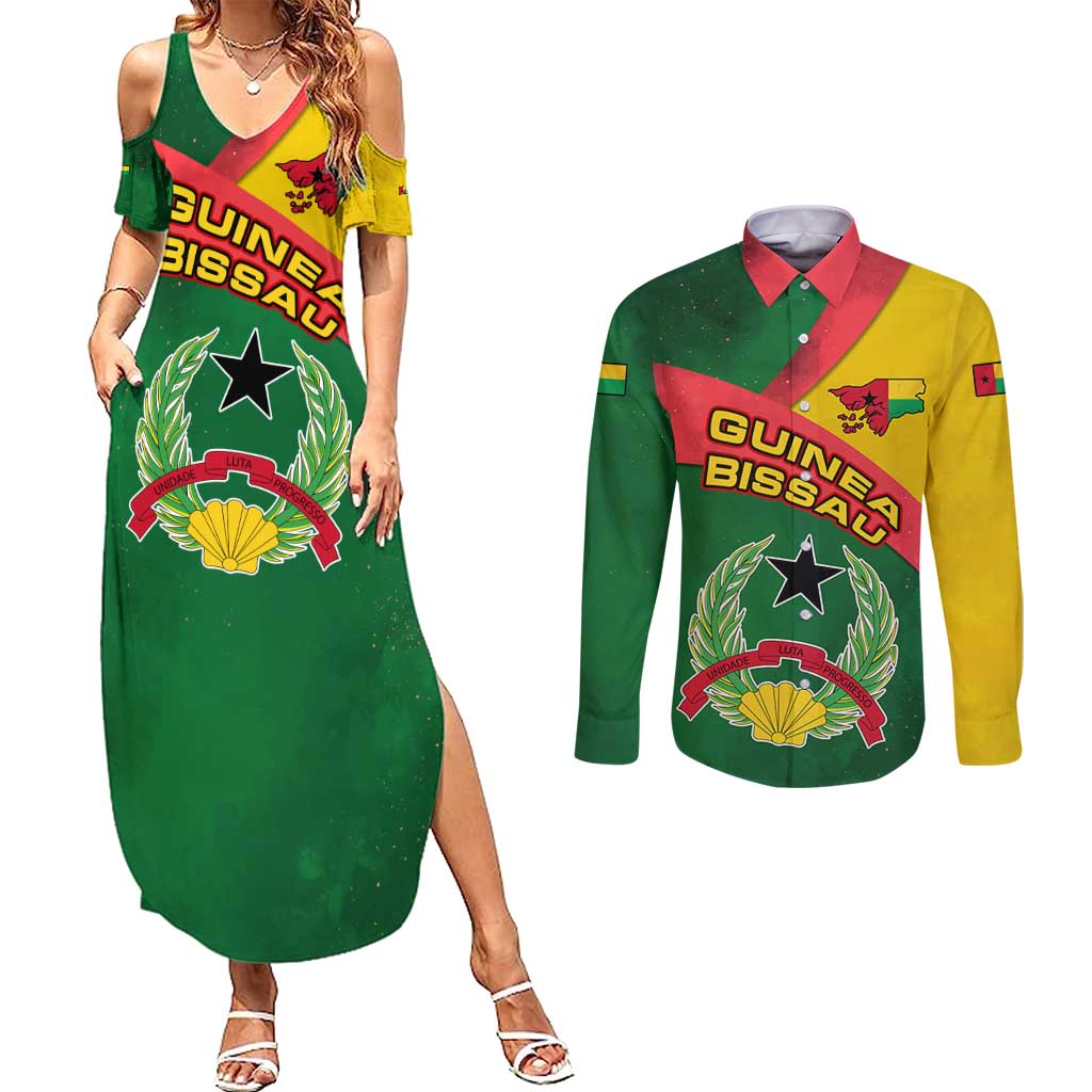Guinea Bissau Couples Matching Summer Maxi Dress and Long Sleeve Button Shirt with Green Yellow Red Swirl Design - Wonder Print Shop