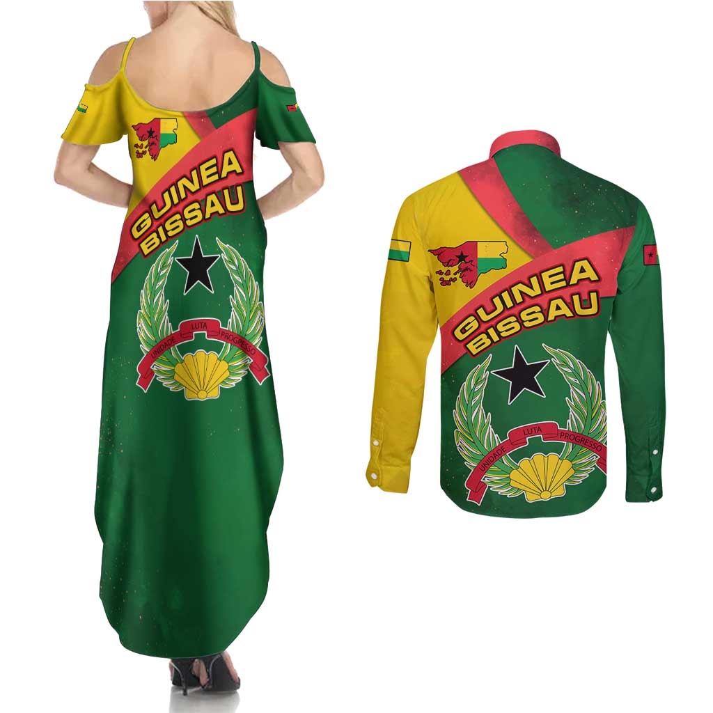 Guinea Bissau Couples Matching Summer Maxi Dress and Long Sleeve Button Shirt with Green Yellow Red Swirl Design - Wonder Print Shop