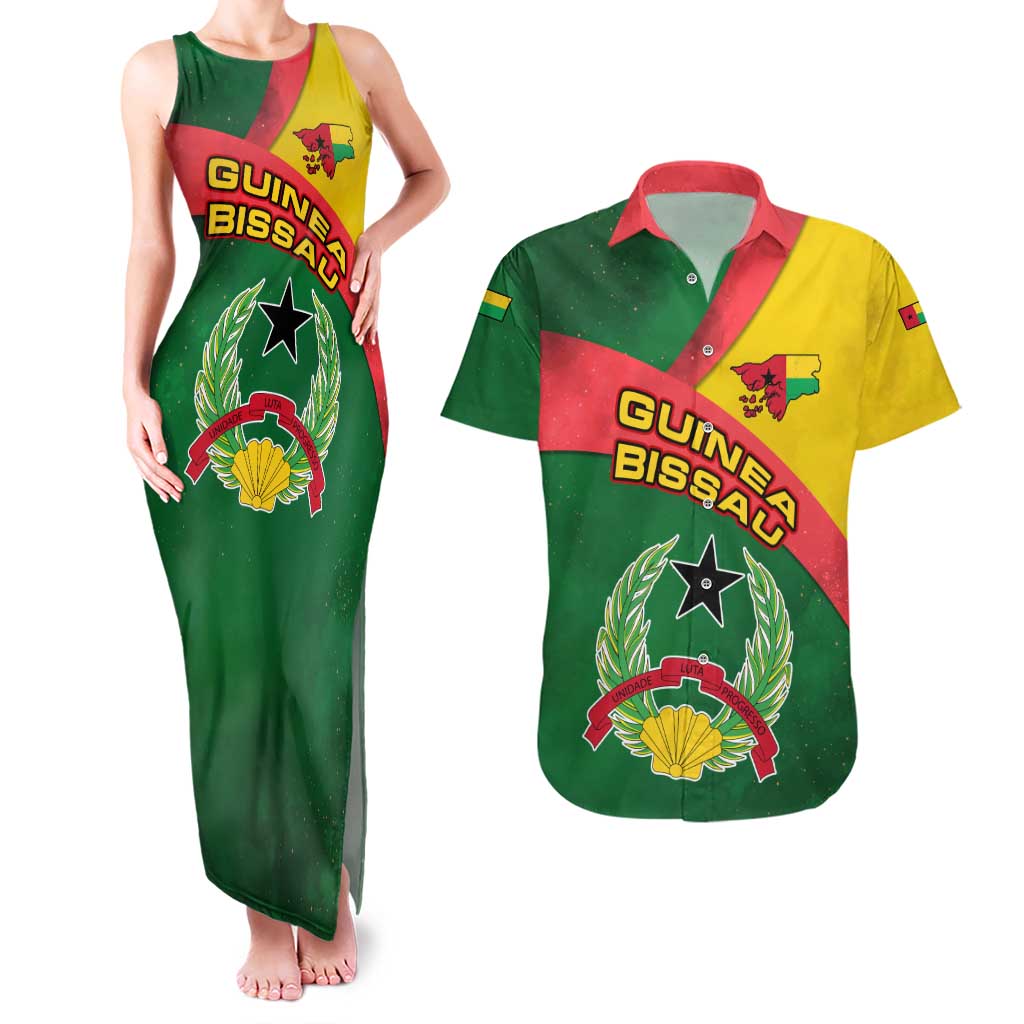 Guinea Bissau Couples Matching Tank Maxi Dress and Hawaiian Shirt with Green Yellow Red Swirl Design - Wonder Print Shop