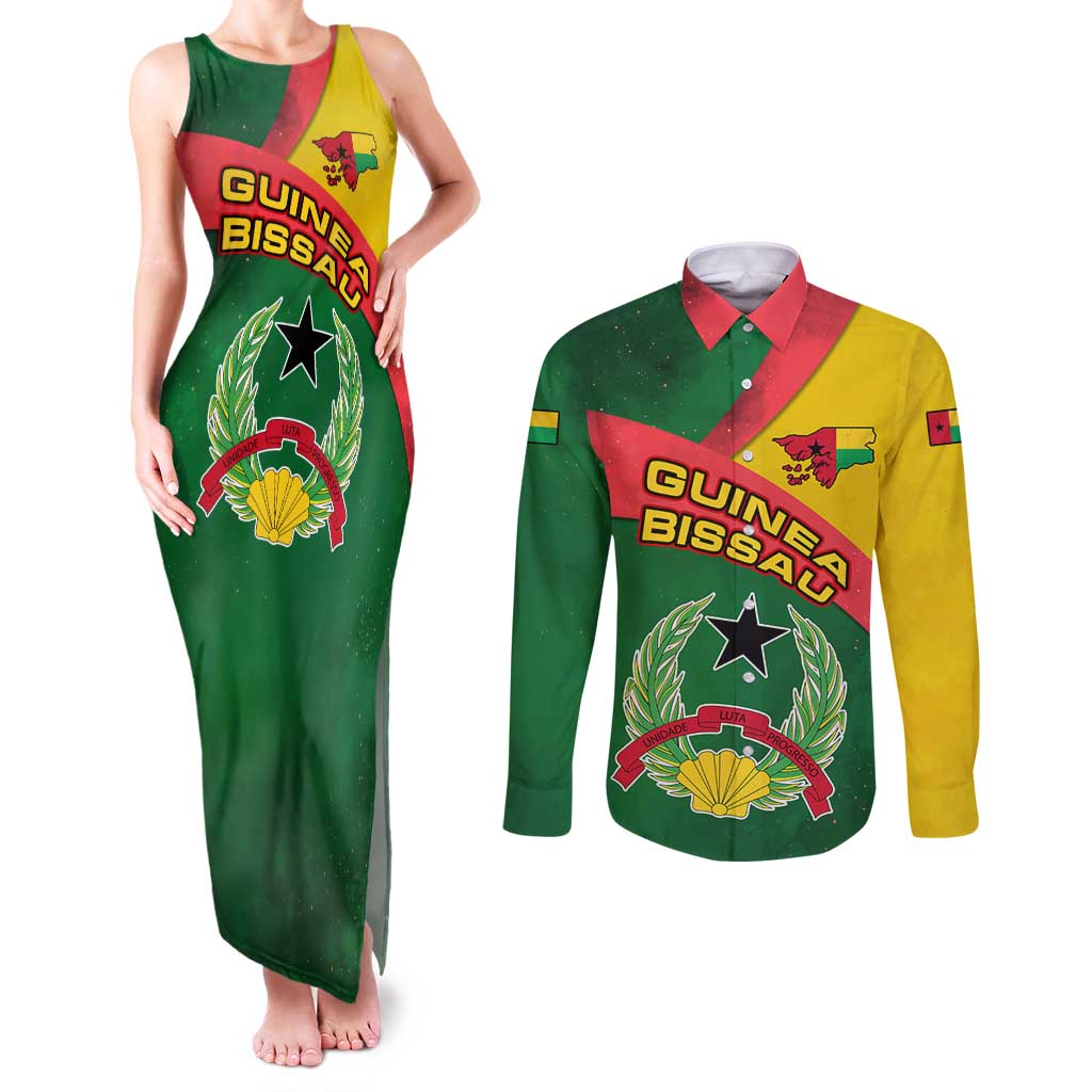 Guinea Bissau Couples Matching Tank Maxi Dress and Long Sleeve Button Shirt with Green Yellow Red Swirl Design - Wonder Print Shop