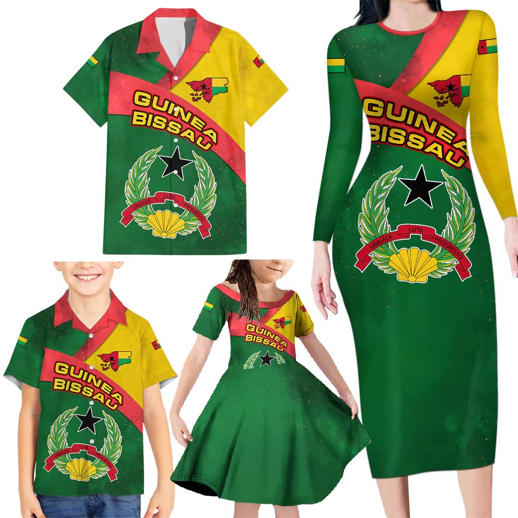Guinea Bissau Family Matching Long Sleeve Bodycon Dress and Hawaiian Shirt with Green Yellow Red Swirl Design - Wonder Print Shop