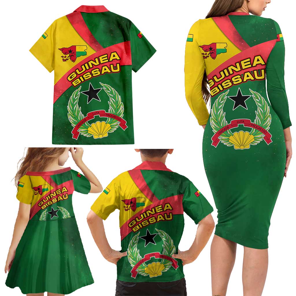 Guinea Bissau Family Matching Long Sleeve Bodycon Dress and Hawaiian Shirt with Green Yellow Red Swirl Design - Wonder Print Shop