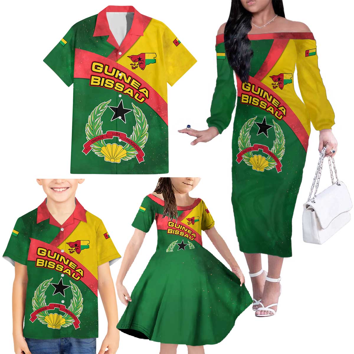 Guinea Bissau Family Matching Off The Shoulder Long Sleeve Dress and Hawaiian Shirt with Green Yellow Red Swirl Design - Wonder Print Shop