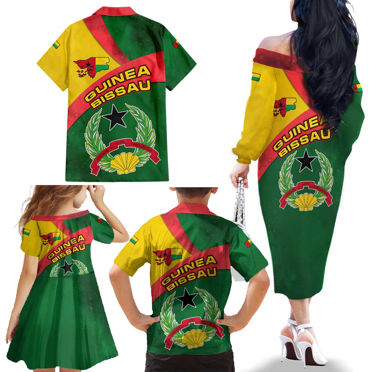 Guinea Bissau Family Matching Off The Shoulder Long Sleeve Dress and Hawaiian Shirt with Green Yellow Red Swirl Design - Wonder Print Shop