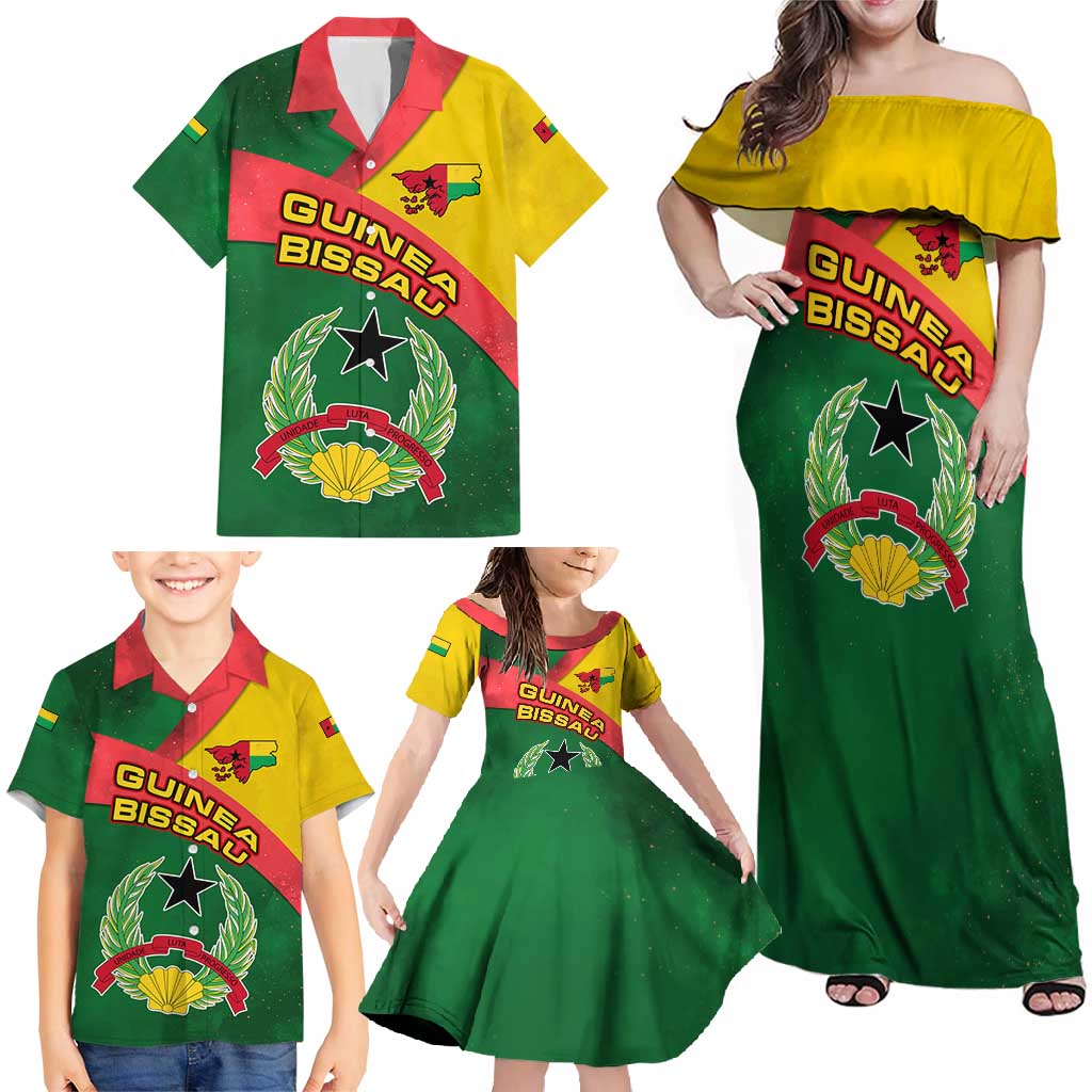 Guinea Bissau Family Matching Off Shoulder Maxi Dress and Hawaiian Shirt with Green Yellow Red Swirl Design - Wonder Print Shop
