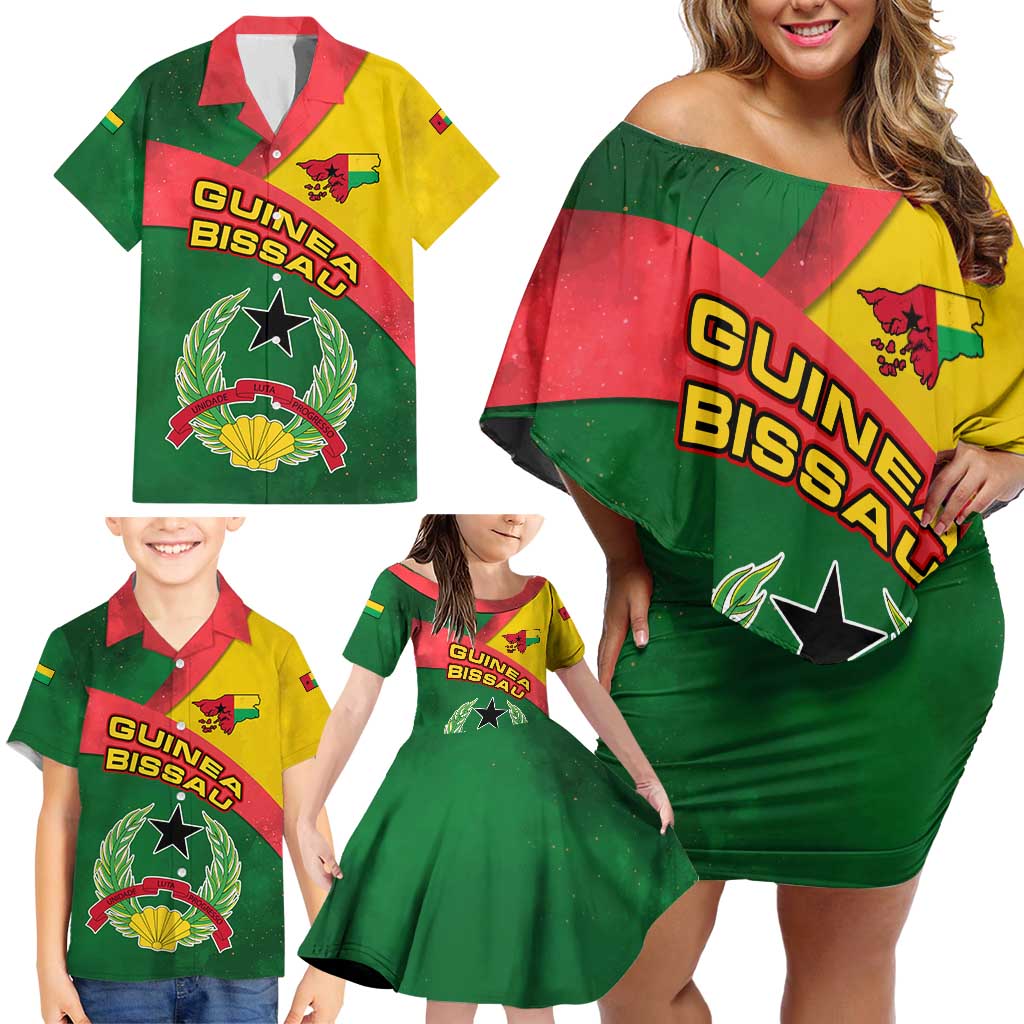 Guinea Bissau Family Matching Off Shoulder Short Dress and Hawaiian Shirt with Green Yellow Red Swirl Design - Wonder Print Shop