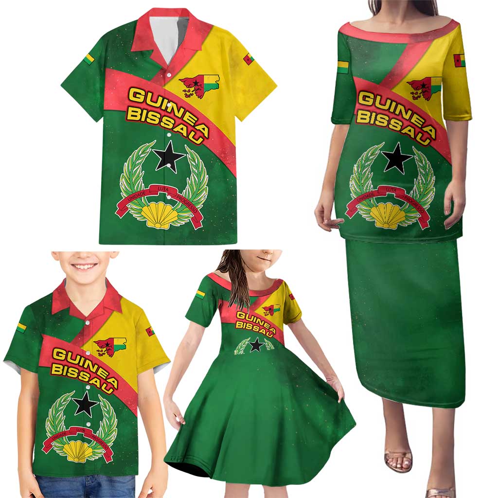 Guinea Bissau Family Matching Puletasi and Hawaiian Shirt with Green Yellow Red Swirl Design - Wonder Print Shop