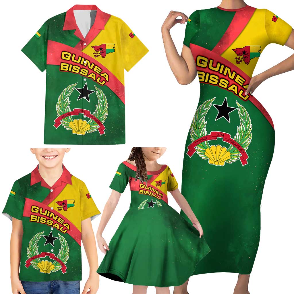 Guinea Bissau Family Matching Short Sleeve Bodycon Dress and Hawaiian Shirt with Green Yellow Red Swirl Design - Wonder Print Shop