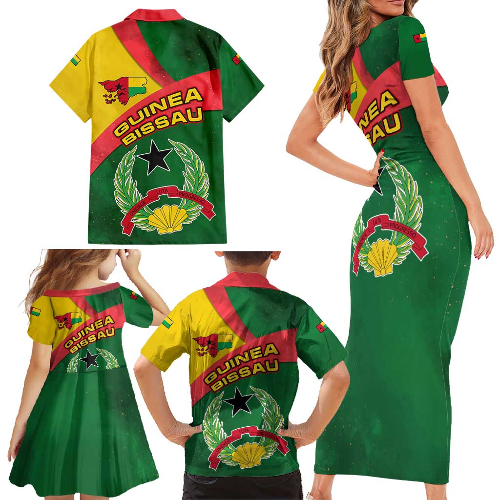 Guinea Bissau Family Matching Short Sleeve Bodycon Dress and Hawaiian Shirt with Green Yellow Red Swirl Design - Wonder Print Shop