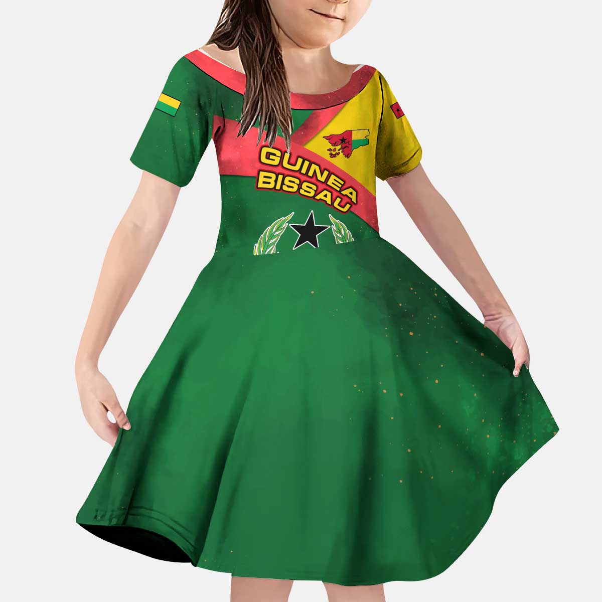 Guinea Bissau Kid Short Sleeve Dress with Green Yellow Red Swirl Design - Wonder Print Shop