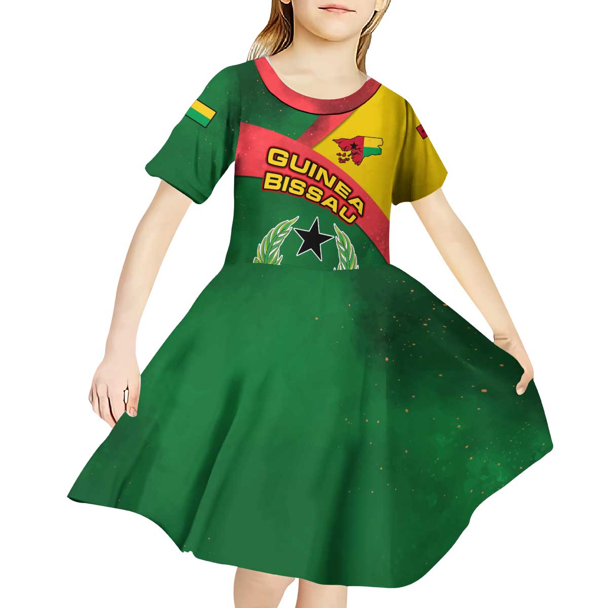 Guinea Bissau Kid Short Sleeve Dress with Green Yellow Red Swirl Design - Wonder Print Shop