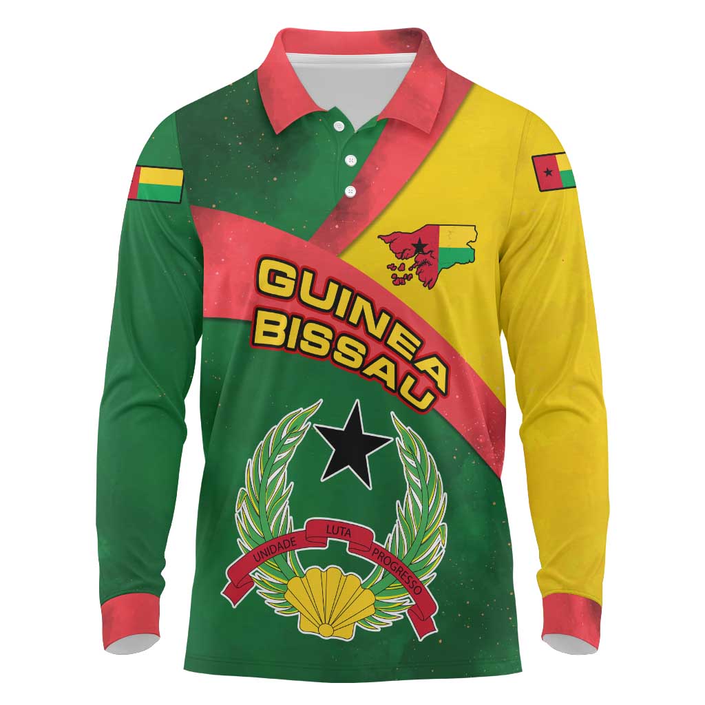 Guinea Bissau Long Sleeve Polo Shirt with Green Yellow Red Swirl Design - Wonder Print Shop
