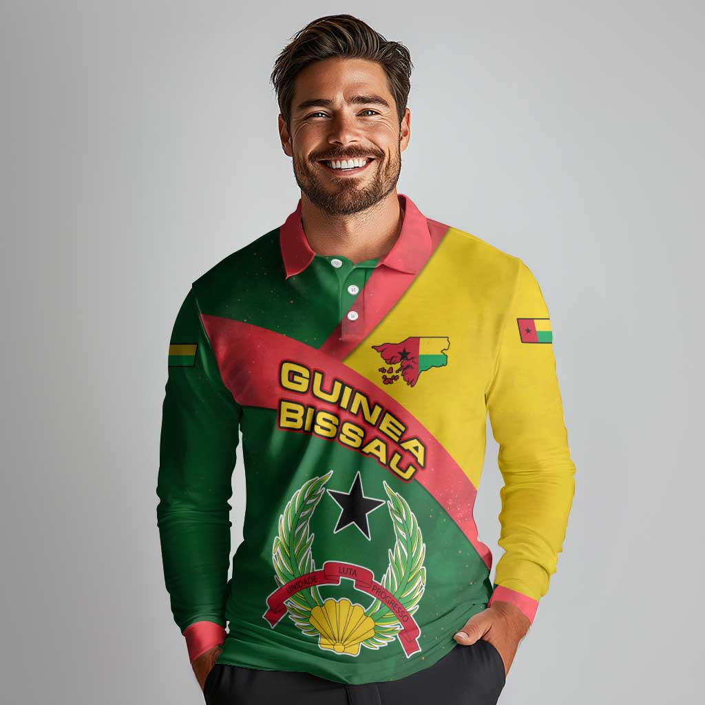 Guinea Bissau Long Sleeve Polo Shirt with Green Yellow Red Swirl Design - Wonder Print Shop