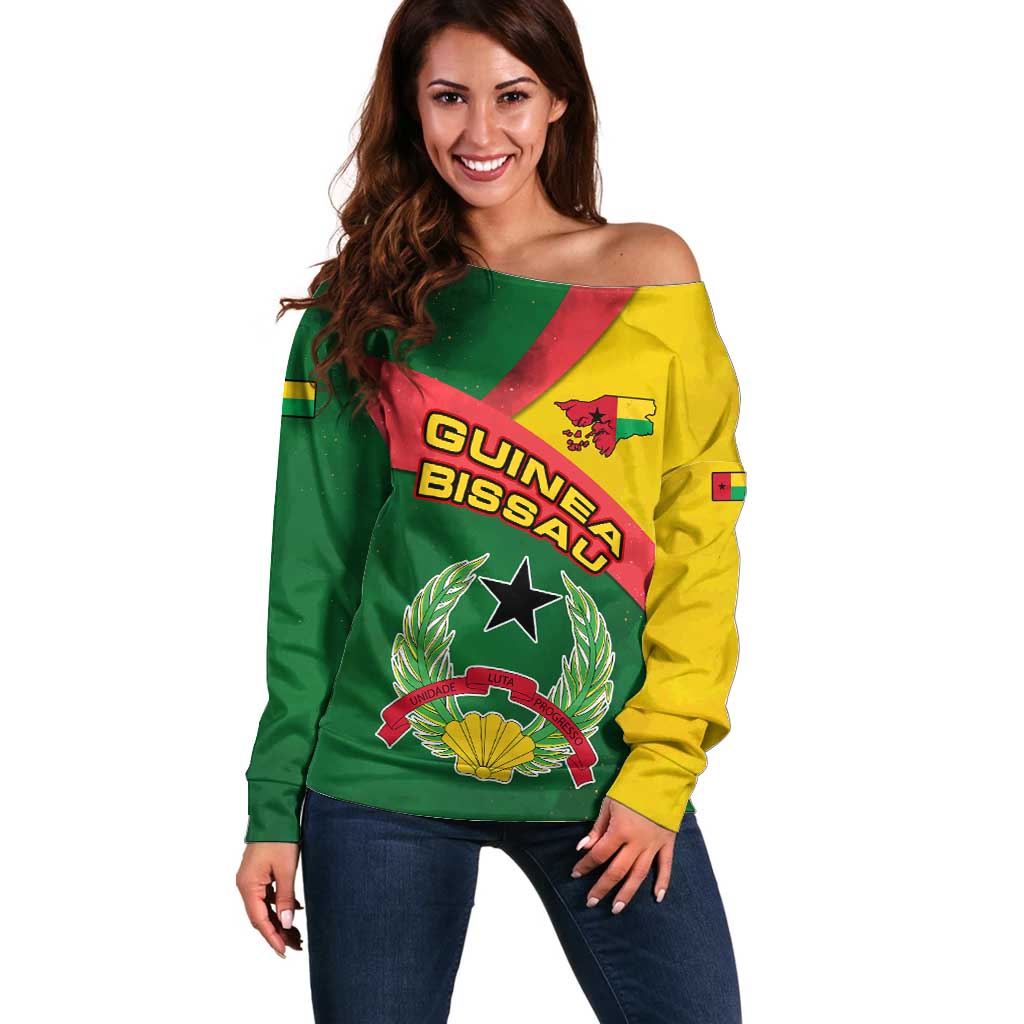 Guinea Bissau Off Shoulder Sweater with Green Yellow Red Swirl Design - Wonder Print Shop