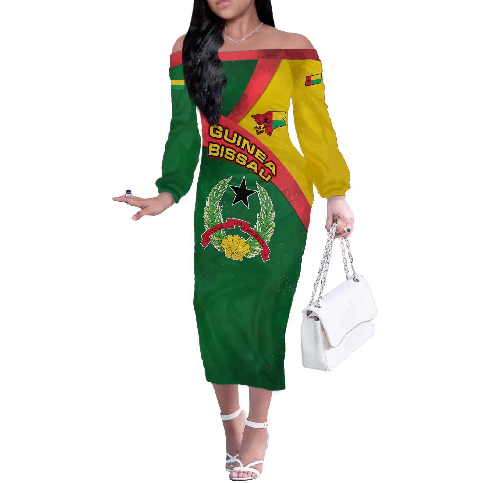 Guinea Bissau Off The Shoulder Long Sleeve Dress with Green Yellow Red Swirl Design - Wonder Print Shop