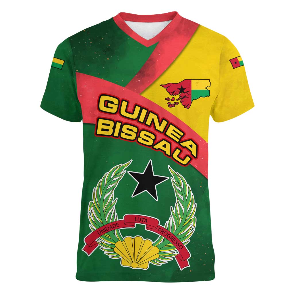 Guinea Bissau Women V-Neck T-Shirt with Green Yellow Red Swirl Design - Wonder Print Shop
