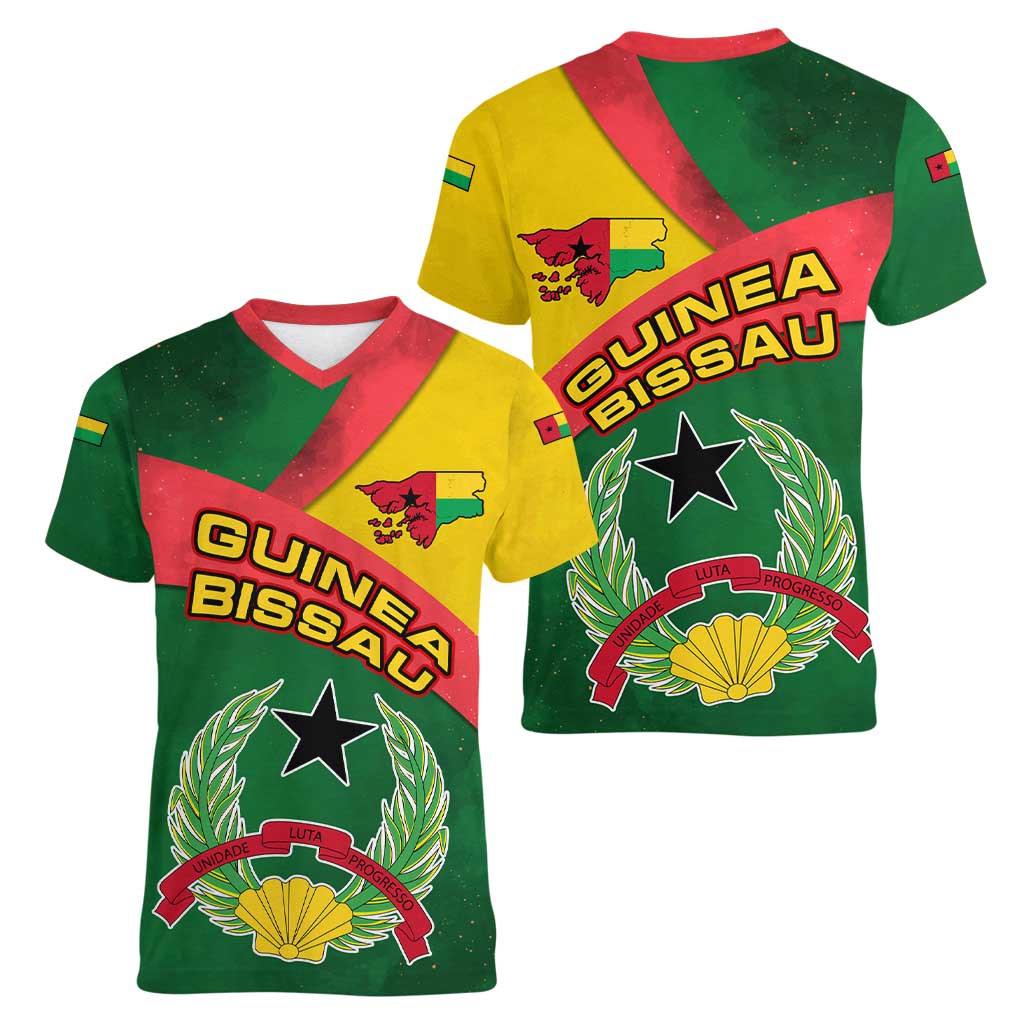 Guinea Bissau Women V-Neck T-Shirt with Green Yellow Red Swirl Design - Wonder Print Shop