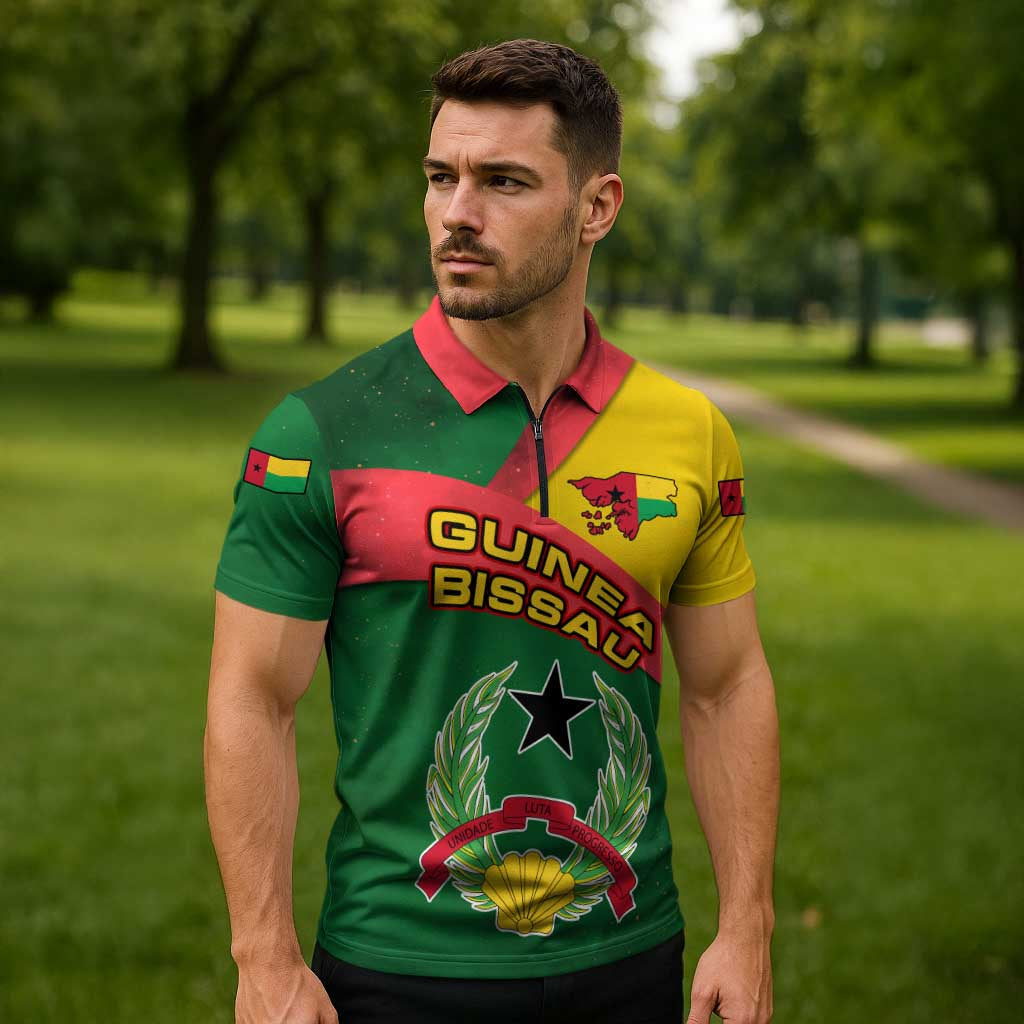 Guinea Bissau Zipper Polo Shirt with Green Yellow Red Swirl Design - Wonder Print Shop