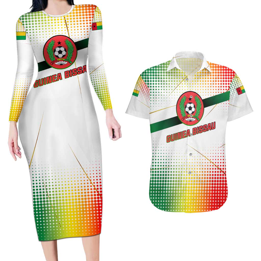 Guinea Bissau Couples Matching Long Sleeve Bodycon Dress and Hawaiian Shirt with White Green Red Gradient Design - Wonder Print Shop