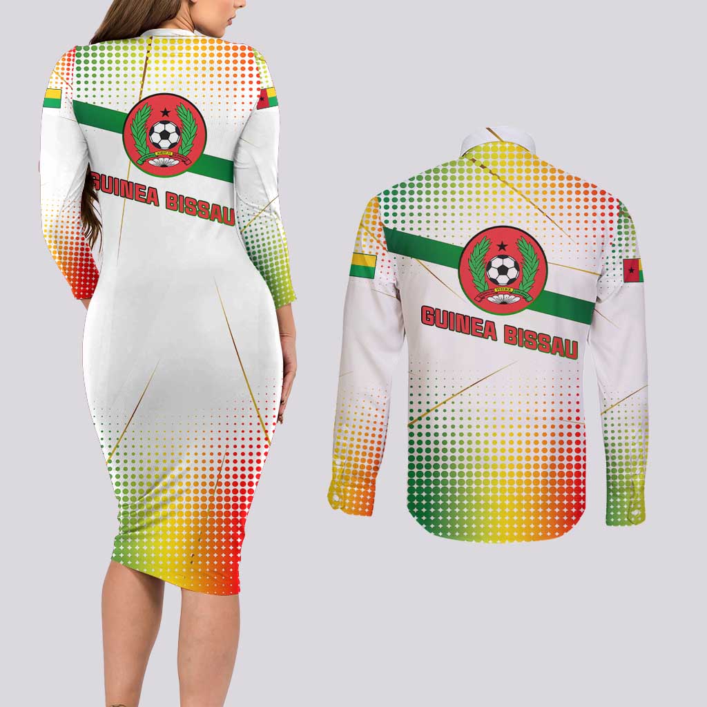 Guinea Bissau Couples Matching Long Sleeve Bodycon Dress and Long Sleeve Button Shirt with White Green Red Gradient Design - Wonder Print Shop