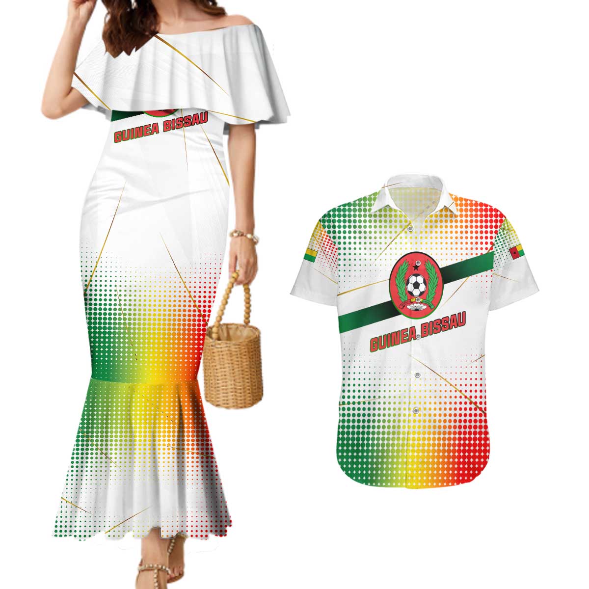 Guinea Bissau Couples Matching Mermaid Dress and Hawaiian Shirt with White Green Red Gradient Design - Wonder Print Shop