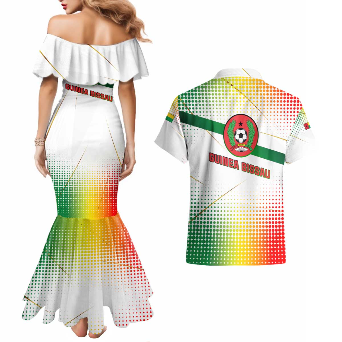 Guinea Bissau Couples Matching Mermaid Dress and Hawaiian Shirt with White Green Red Gradient Design - Wonder Print Shop