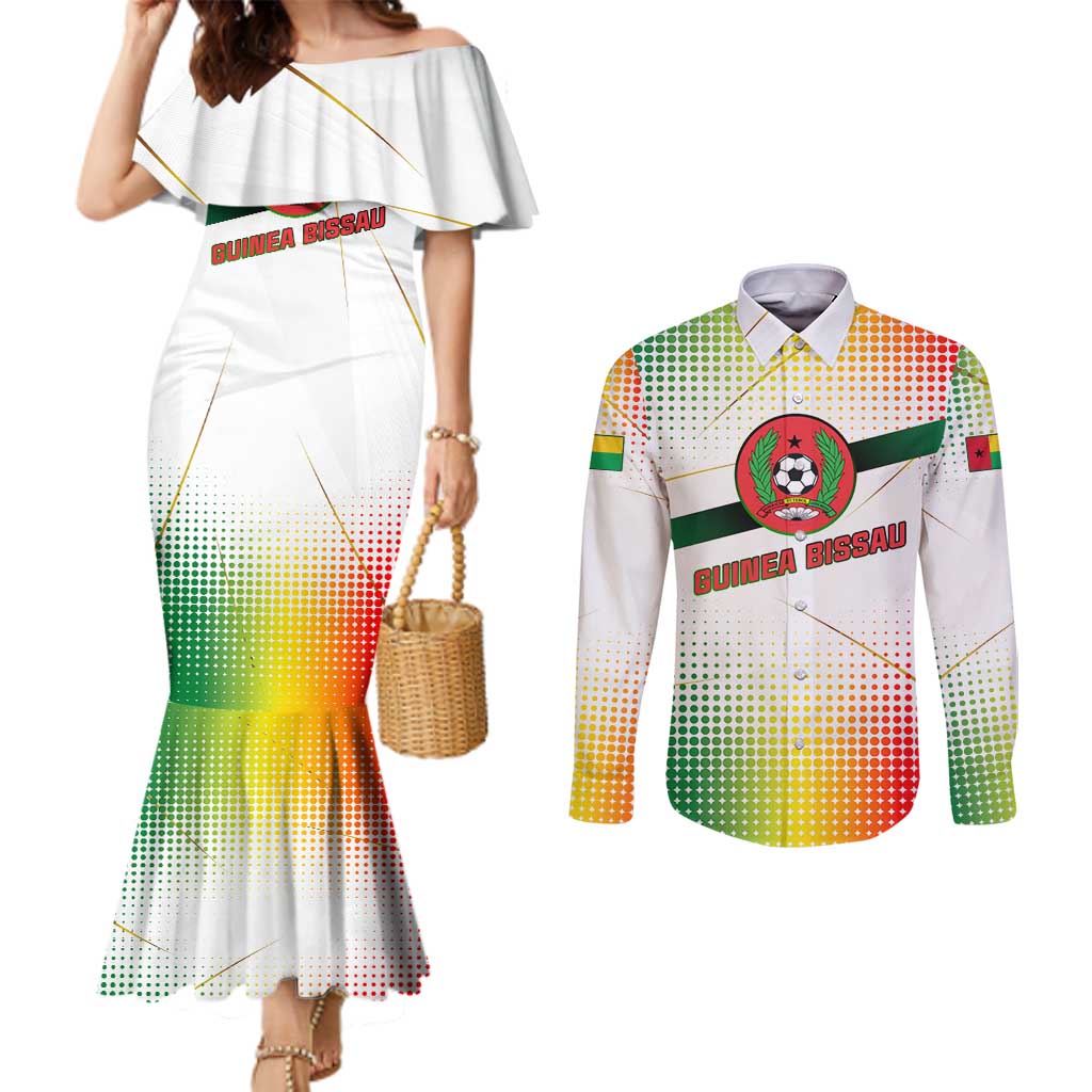 Guinea Bissau Couples Matching Mermaid Dress and Long Sleeve Button Shirt with White Green Red Gradient Design - Wonder Print Shop