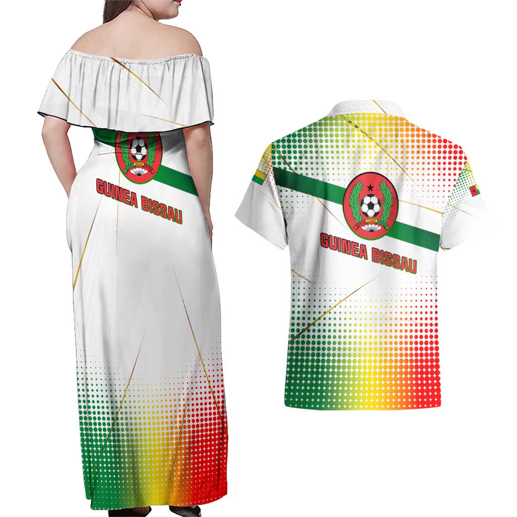 Guinea Bissau Couples Matching Off Shoulder Maxi Dress and Hawaiian Shirt with White Green Red Gradient Design - Wonder Print Shop