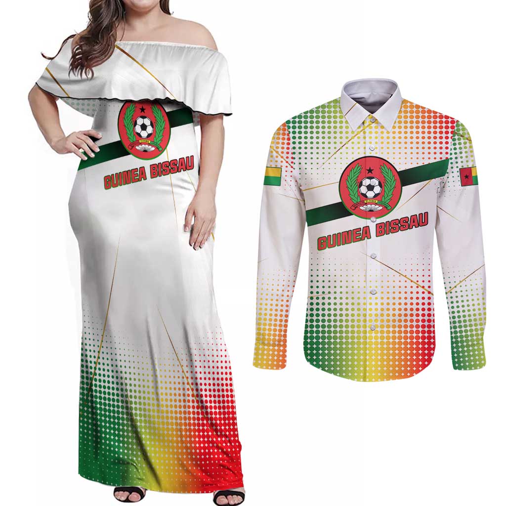 Guinea Bissau Couples Matching Off Shoulder Maxi Dress and Long Sleeve Button Shirt with White Green Red Gradient Design - Wonder Print Shop