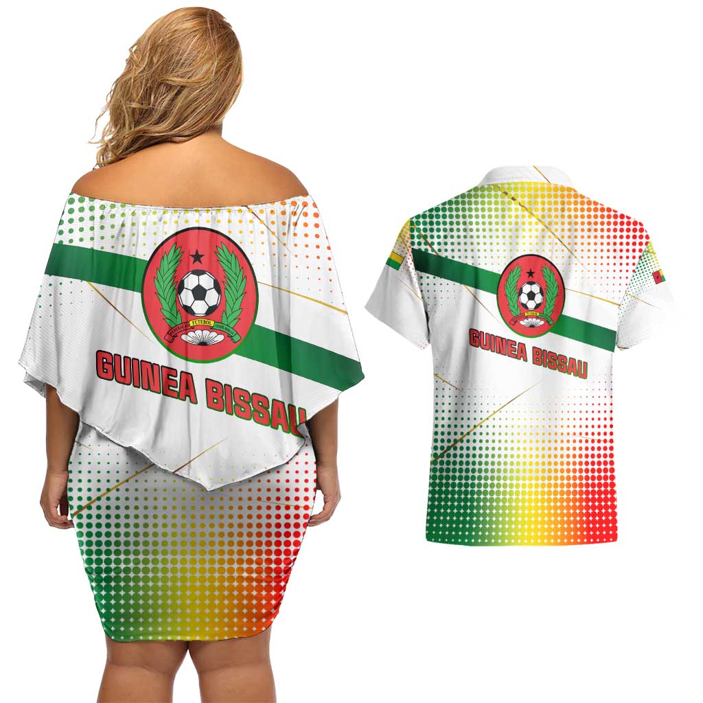 Guinea Bissau Couples Matching Off Shoulder Short Dress and Hawaiian Shirt with White Green Red Gradient Design - Wonder Print Shop