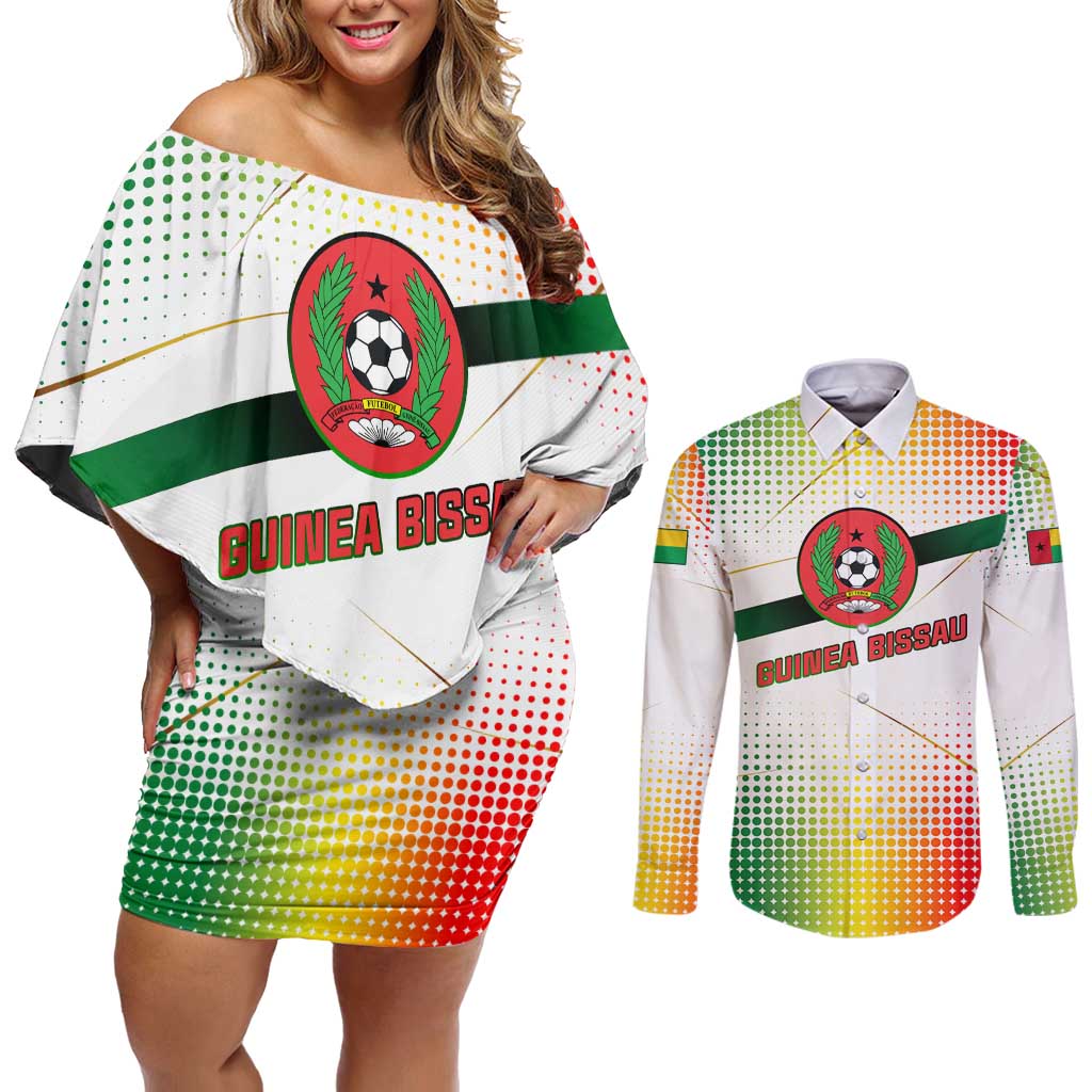 Guinea Bissau Couples Matching Off Shoulder Short Dress and Long Sleeve Button Shirt with White Green Red Gradient Design - Wonder Print Shop