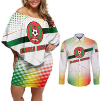 Guinea Bissau Couples Matching Off Shoulder Short Dress and Long Sleeve Button Shirt with White Green Red Gradient Design - Wonder Print Shop
