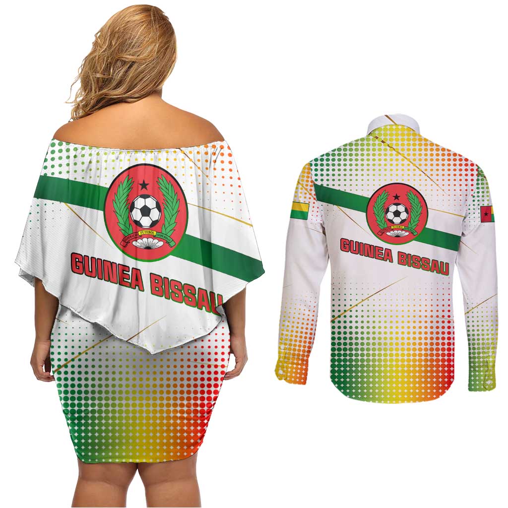 Guinea Bissau Couples Matching Off Shoulder Short Dress and Long Sleeve Button Shirt with White Green Red Gradient Design - Wonder Print Shop