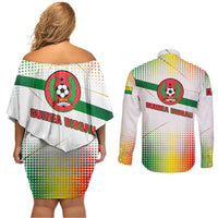 Guinea Bissau Couples Matching Off Shoulder Short Dress and Long Sleeve Button Shirt with White Green Red Gradient Design - Wonder Print Shop