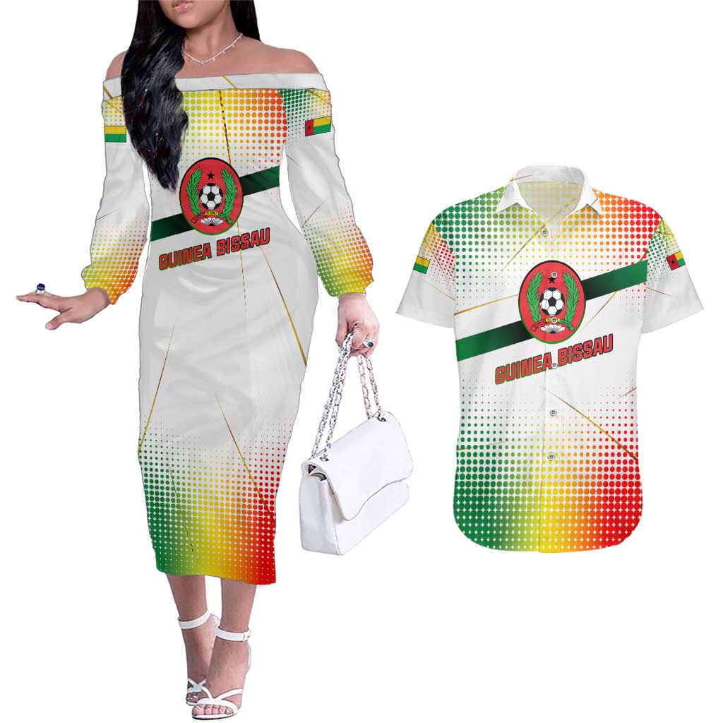 Guinea Bissau Couples Matching Off The Shoulder Long Sleeve Dress and Hawaiian Shirt with White Green Red Gradient Design - Wonder Print Shop
