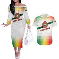 Guinea Bissau Couples Matching Off The Shoulder Long Sleeve Dress and Hawaiian Shirt with White Green Red Gradient Design - Wonder Print Shop