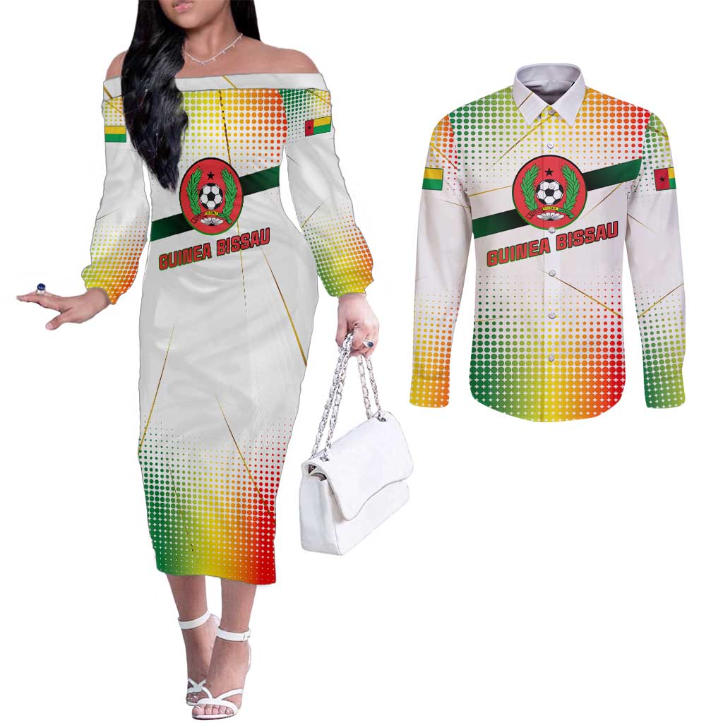 Guinea Bissau Couples Matching Off The Shoulder Long Sleeve Dress and Long Sleeve Button Shirt with White Green Red Gradient Design - Wonder Print Shop