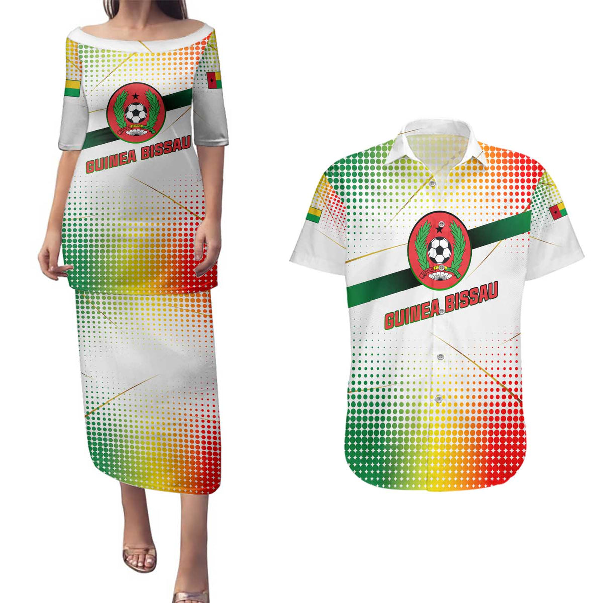 Guinea Bissau Couples Matching Puletasi and Hawaiian Shirt with White Green Red Gradient Design - Wonder Print Shop