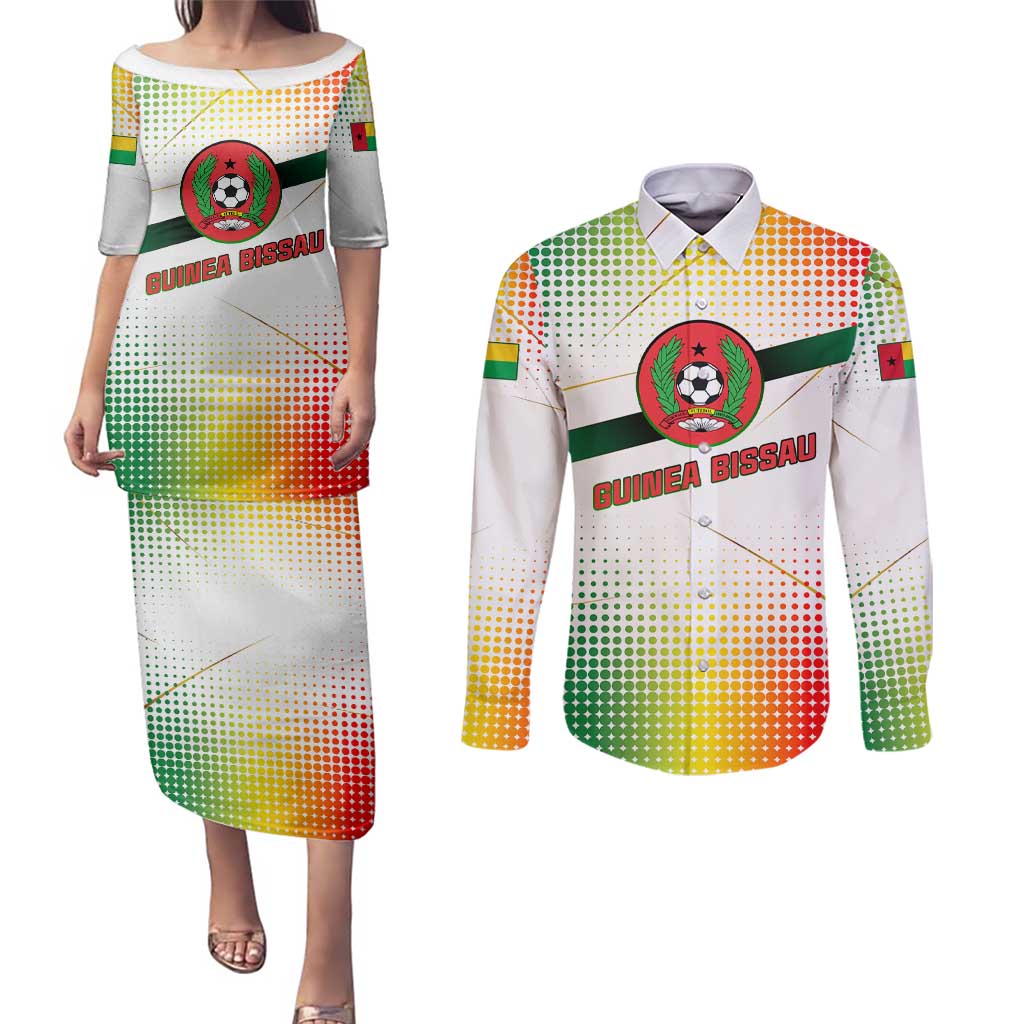 Guinea Bissau Couples Matching Puletasi and Long Sleeve Button Shirt with White Green Red Gradient Design - Wonder Print Shop